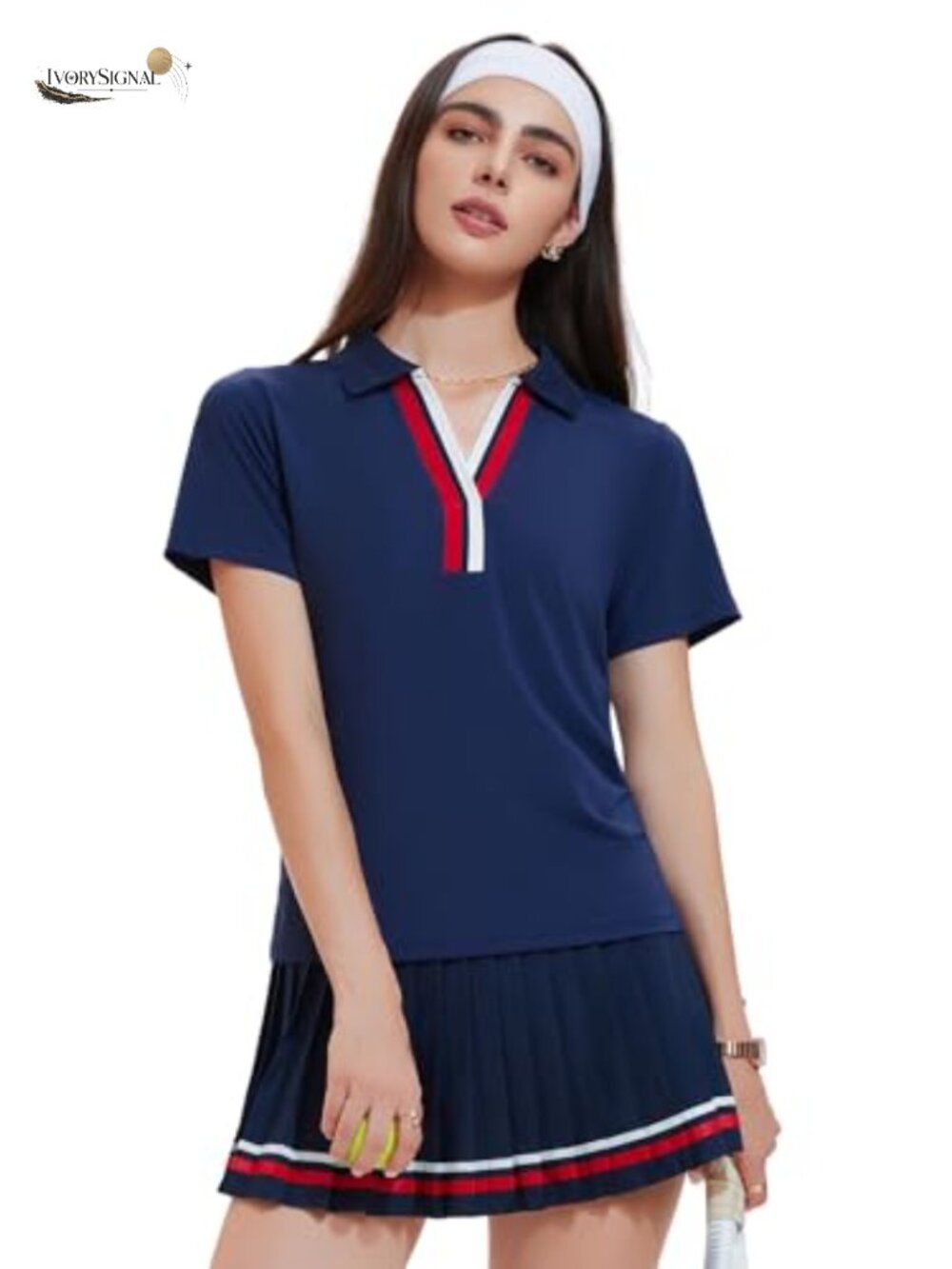 2 Piece Tennis Skirt Set Pleated Golf Outfit Polo V-Neck Skort with Pockets